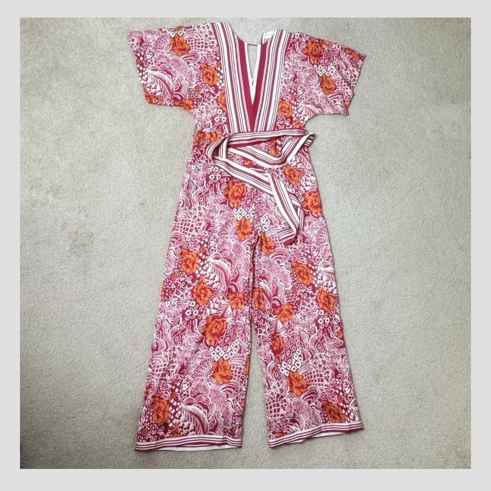Elie Tahari Jumpsuit Silk Occasion Jumpsuit Botanical All Over Print V-Neck Belt - Picture 14 of 16